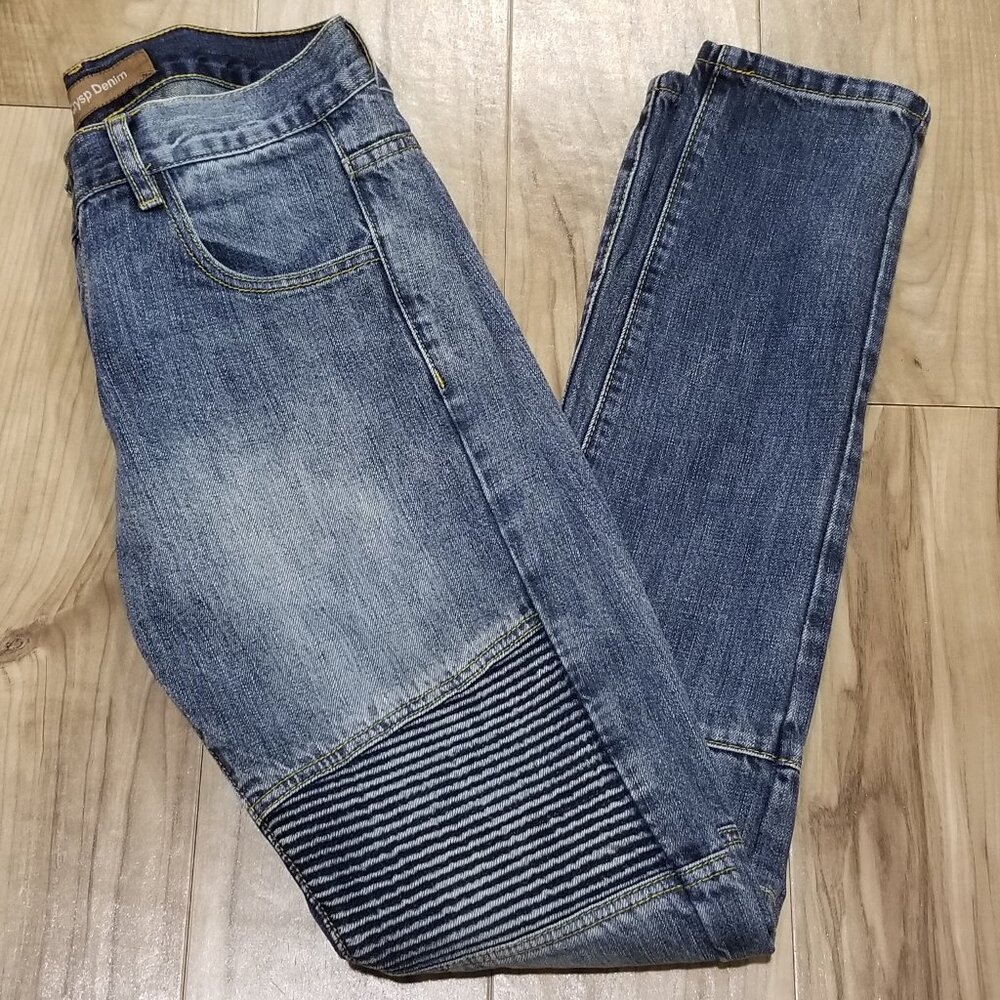 Mens Crysp Denim Moto Jeans Size 30 Slim Fit Distressed Light Wash 32x33